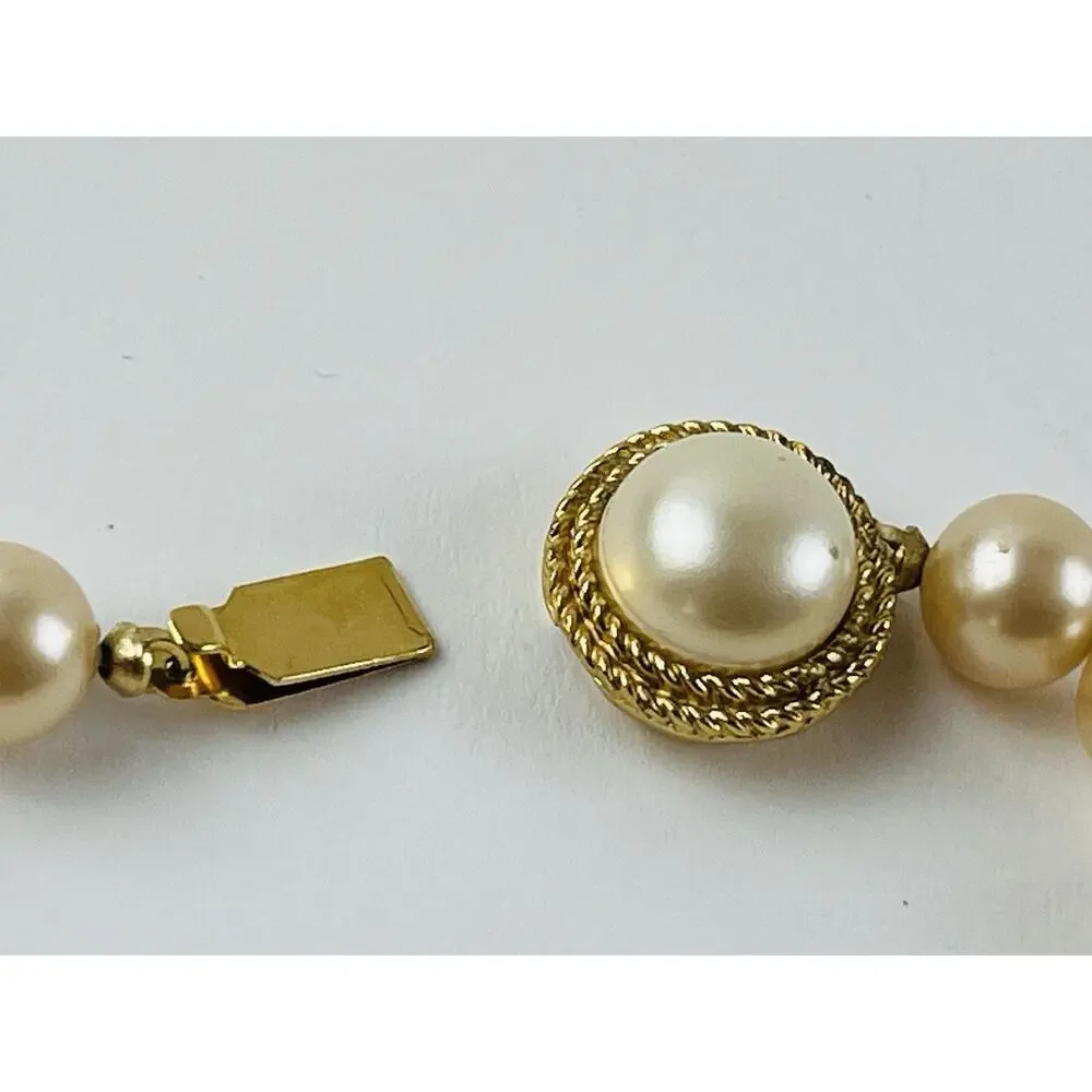Vintage Signed Crown Trifari Gold Tone Metal Faux Pearl Beaded Bracelet Yellow